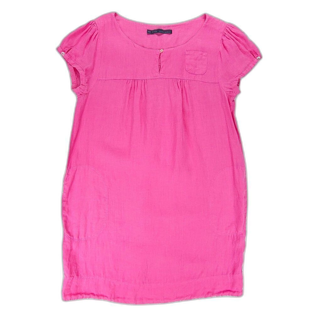ZARA 100% Linen Cottagecore Flax Short Sleeve Babydoll Mini Dress Large Pink